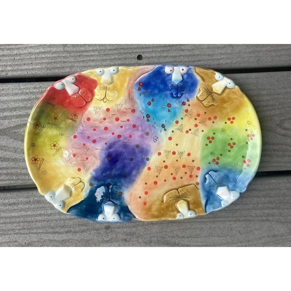Studio Designworks Joy Cat Platter Hand Painted Ceramic Whimsical Cute Funny 12”